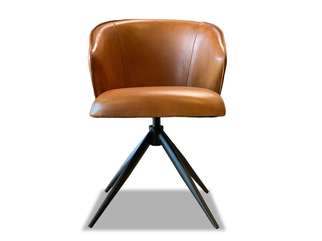 Vorderansicht Dreh Essstuhl Leder im hochwertigen Design und in der Lederfarbe Cognac