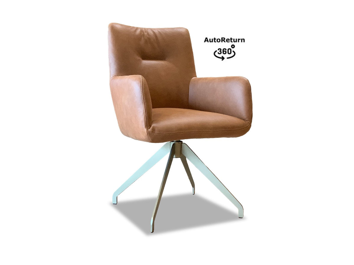 Esszimmerstuhl drehbar Leder mit Rückdrehfunktion und als Lederstuhl mit hoher Rückenlehne in der Lederfarbe Botswana Cognac  