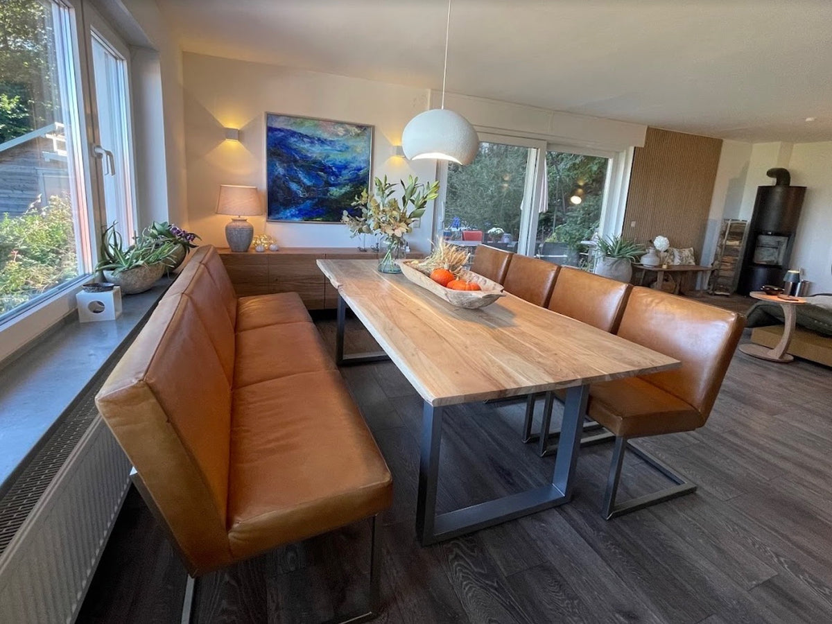 Kundenfoto Leder Sitzbank mit den passenden Stühle in Cognac